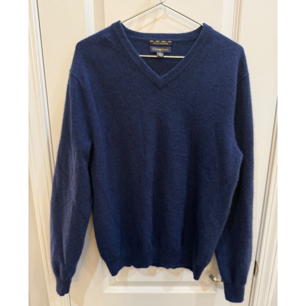 Club Room Luxury 100% Cashmere Men's Sz M Preppy Blue V-Neck Pullover Sweater